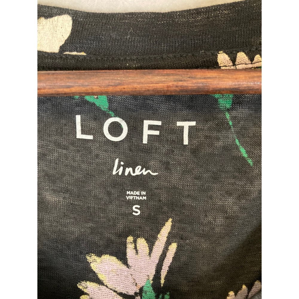 Cottagecore LOFT Women Size S Black Floral 100% Linen Flutter Sleeve Scoop Neck - Picture 3 of 9
